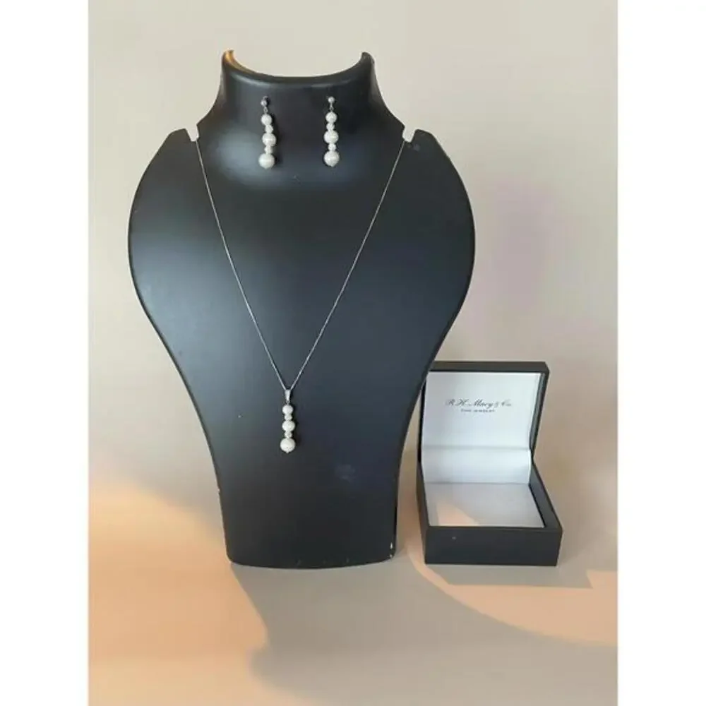 Macy’s Freshwater Pearl Sterling Silver 925 Necklace Set with Cubic Zirconia